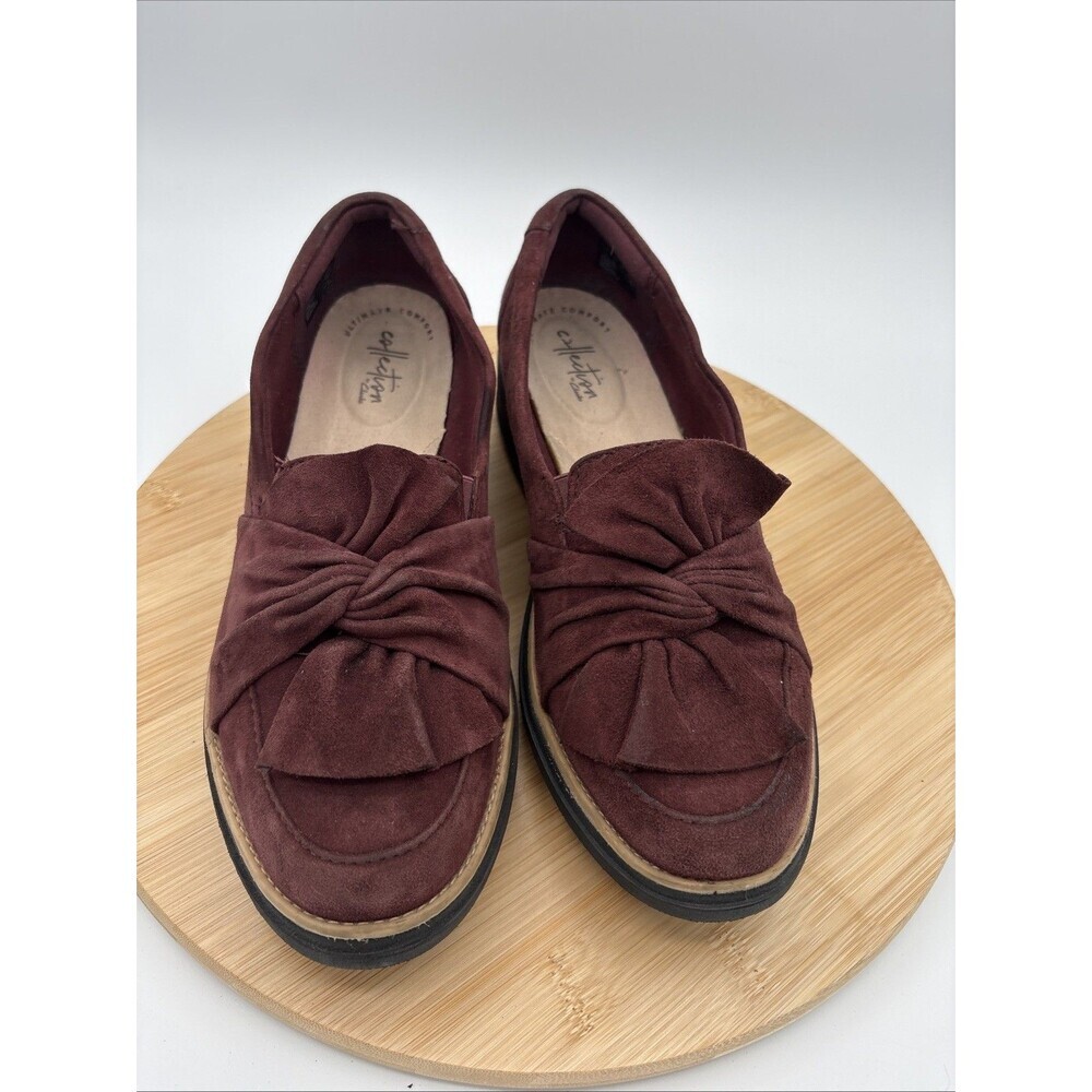 Clarks Womens Sharon Dasher Loafer Size 9M  Burgudy Suede Shoe Wedge Bow